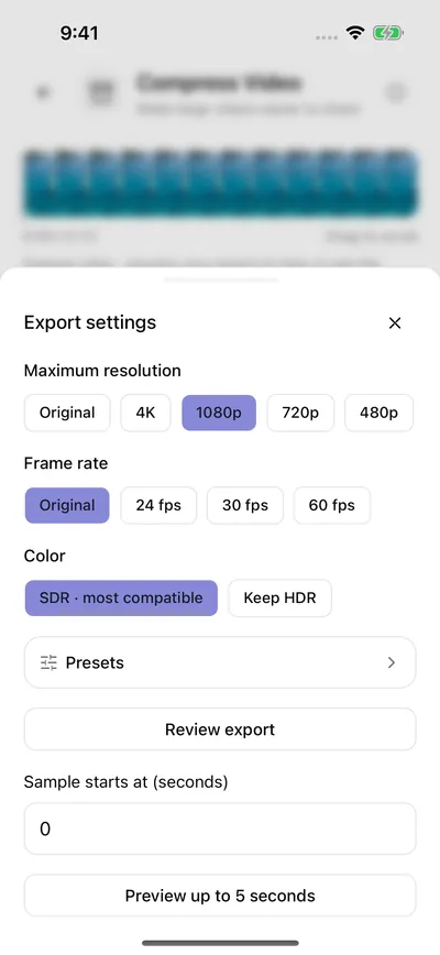 Vauli Export settings: Maximum resolution Original, 4K, 1080p (selected), 720p, 480p; Frame rate Original (selected), 24, 30, 60 fps; Color SDR · most compatible (selected) or Keep HDR; Presets; Review export; Sample starts at (seconds) 0; Preview up to 5 seconds