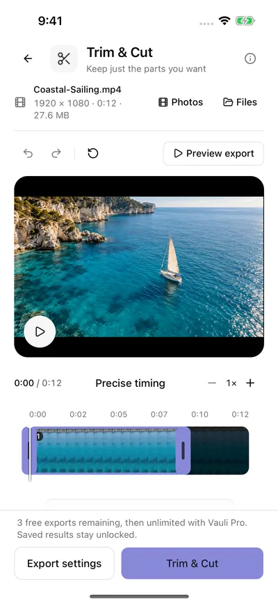 Vauli Trim & Cut with Coastal-Sailing.mp4 (1920 × 1080, 0:12, 27.6 MB): Precise timing and a frame strip with purple trim handles around the kept range